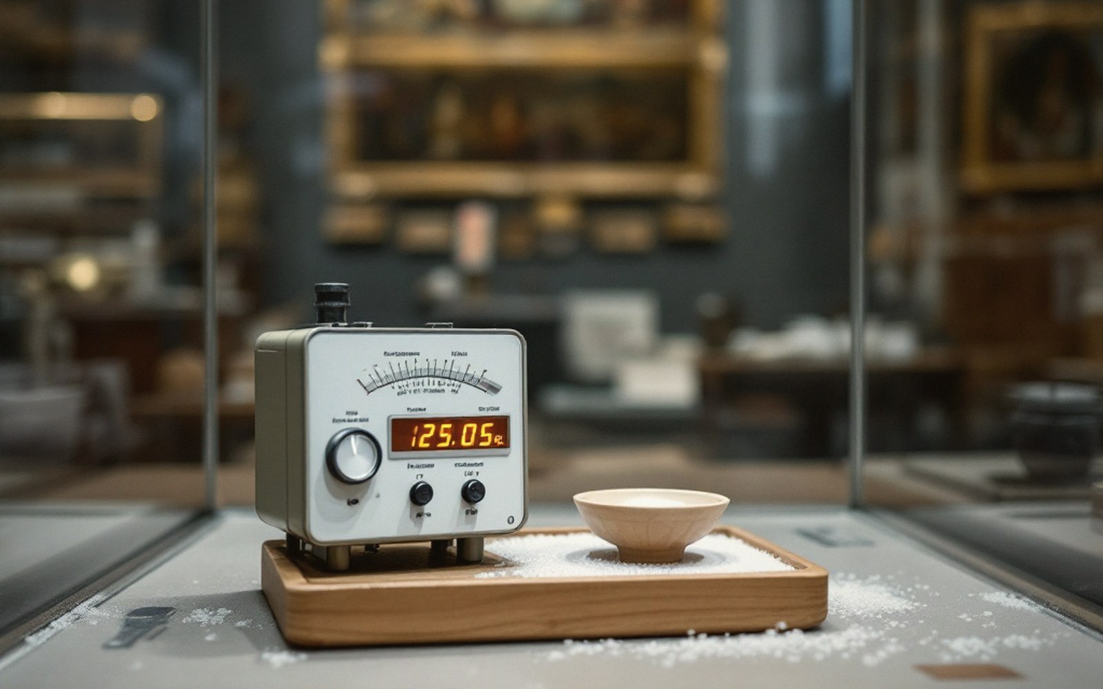 A digital moisture meter and small ceramic bowl displayed on a wooden tray in a museum case