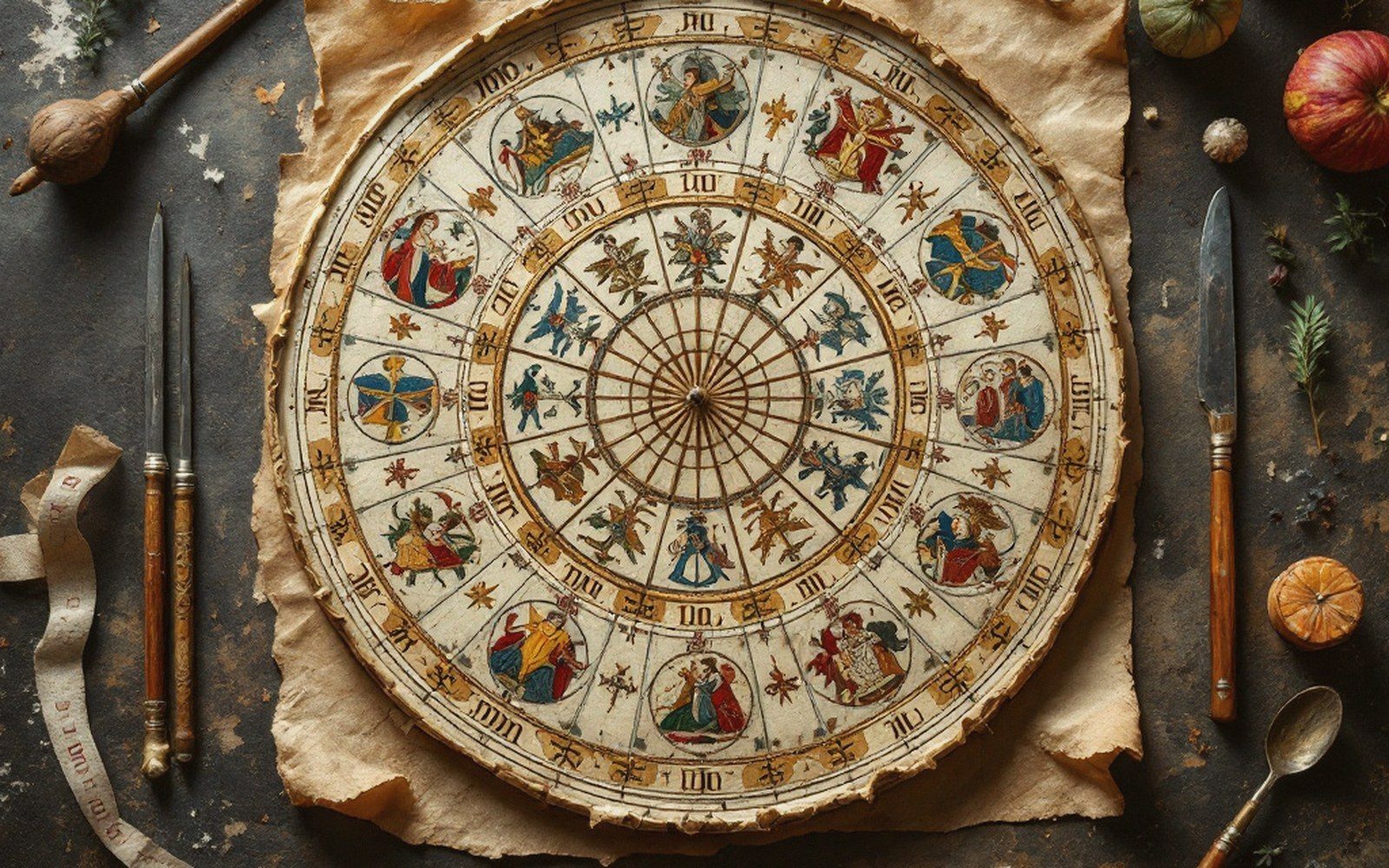 A circular illuminated calendar wheel with painted figures, surrounded by antique cutlery and small fruits