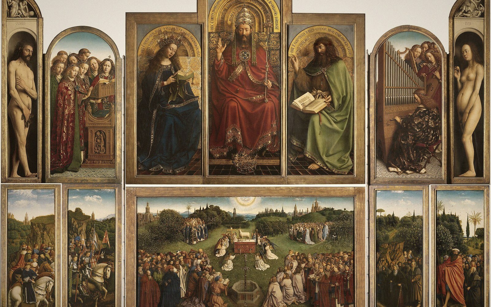 Multi-panel altarpiece showing enthroned holy figures above crowds adoring a lamb on an altar