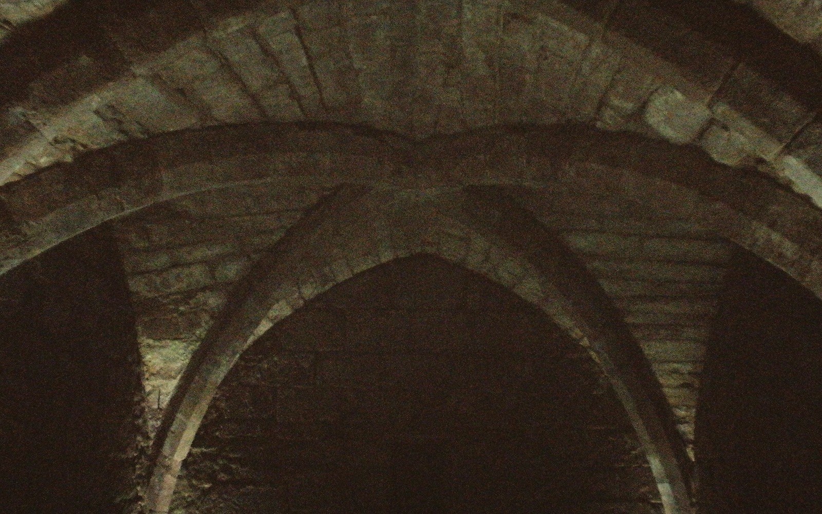 A stone-vaulted undercroft lit from one end